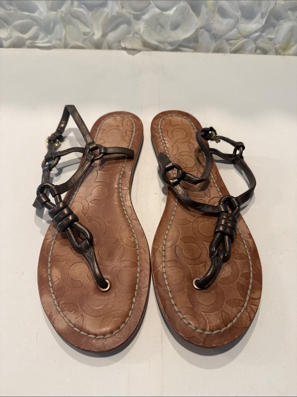 Coach Brown Leather T-Strap Sandals with Dark Brown Straps